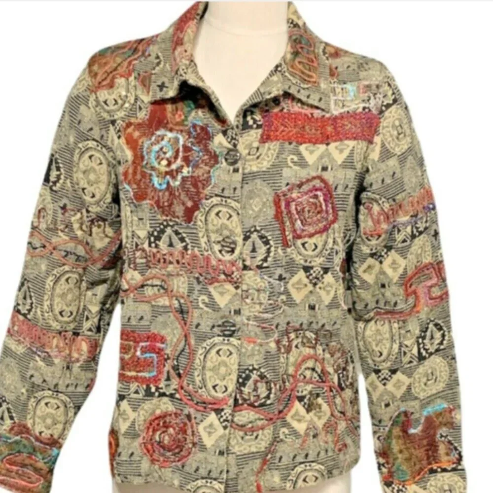 Coldwater Creek  BOHO Embroidered Tapestry Beaded‎ Jacket M Button Front 200H